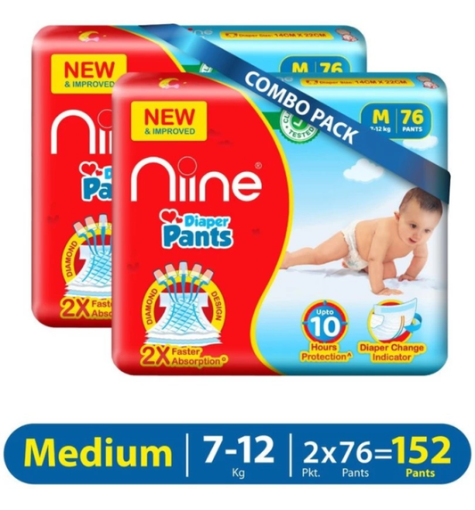 niine Cottony Soft Baby Diaper Pants with Change Indicator for Overnight Protection M - M (152 Pieces)